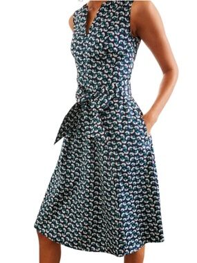 Boden Navy Blue Mischa Belted Sleeveless Dress Size 6 Abstract Floral Print